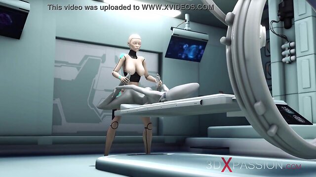 Robotic android engages in intense intergalactic encounter in space station surgery room