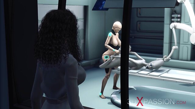Robotic android engages in intense intergalactic encounter in space station surgery room