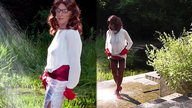 Fashion show tight skirts and outdoor cumshot with organza