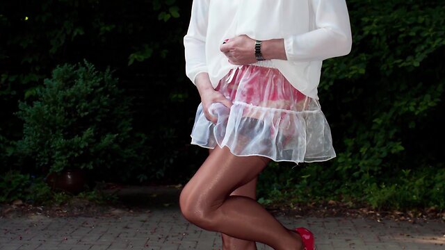 Fashion show tight skirts and outdoor cumshot with organza