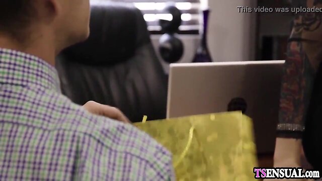 Assisting hot busty boss shemale in black lingerie