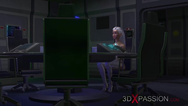 3d sci-fi android and sexy woman intimate encounter in space station