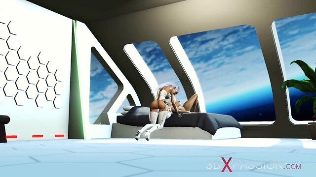 3d sci-fi android and sexy woman intimate encounter in space station