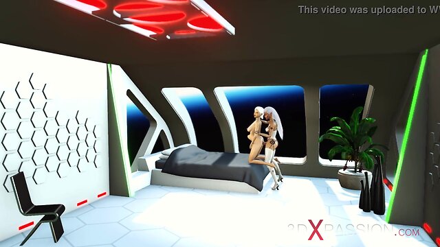 3d sci-fi android and sexy woman intimate encounter in space station