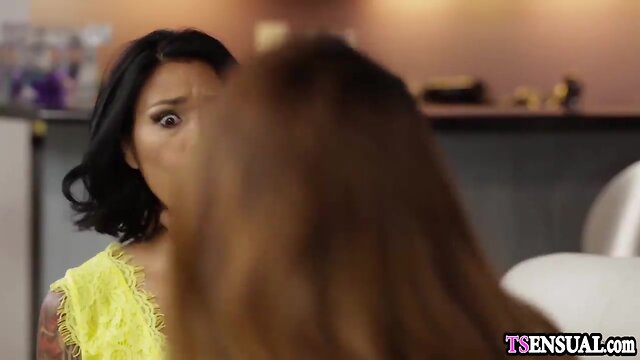 Shemale dominates female with fierce pussy fucking