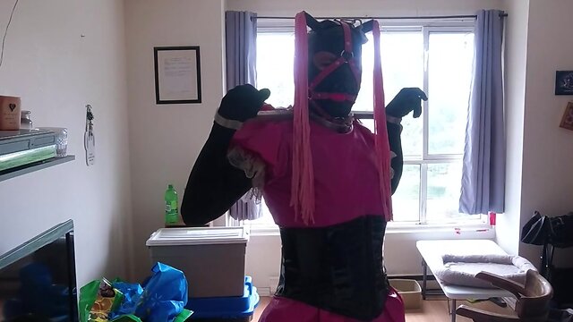 Self bondage in new boots: sissy maids chastity cage spiked