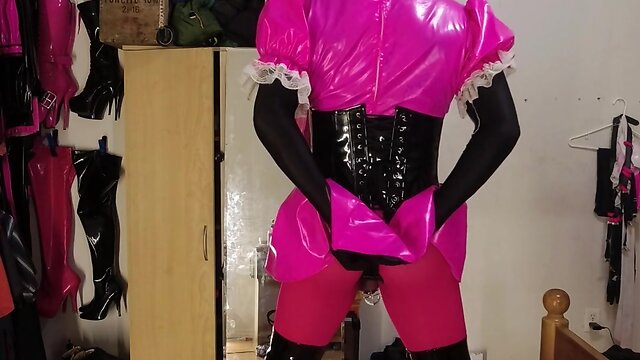 Self bondage in new boots: sissy maids chastity cage spiked