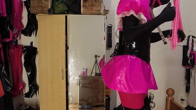 Self bondage in new boots: sissy maids chastity cage spiked