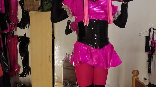 Self bondage in new boots: sissy maids chastity cage spiked