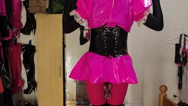 Self bondage in new boots: sissy maids chastity cage spiked
