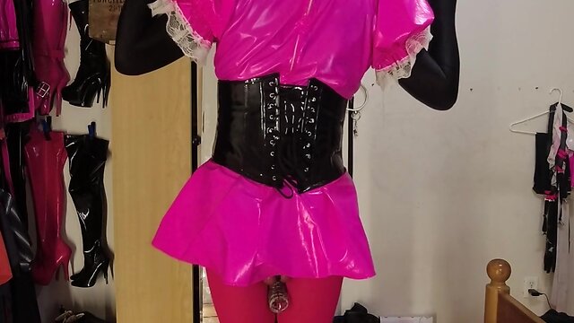Self bondage in new boots: sissy maids chastity cage spiked