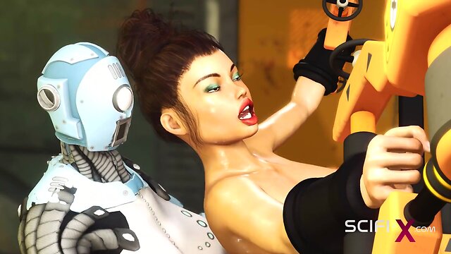 Sci-fi lab encounter: robot shemale seduces busty brunette for passionate encounter