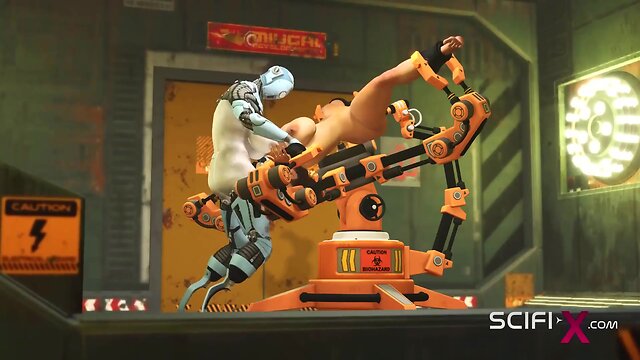 Sci-fi lab encounter: robot shemale seduces busty brunette for passionate encounter