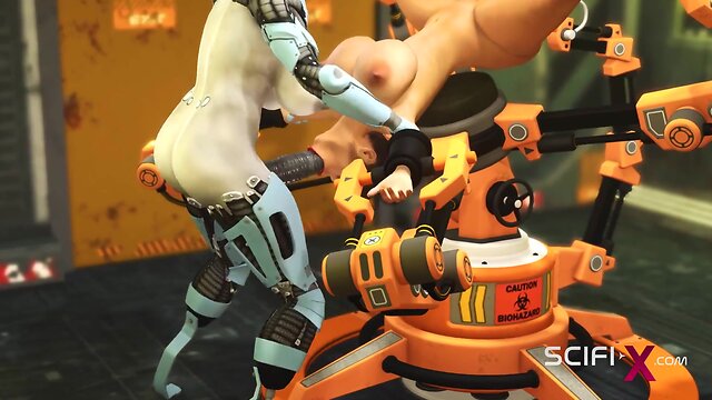Sci-fi lab encounter: robot shemale seduces busty brunette for passionate encounter
