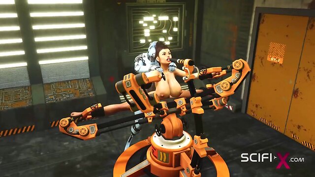 Sci-fi lab encounter: robot shemale seduces busty brunette for passionate encounter