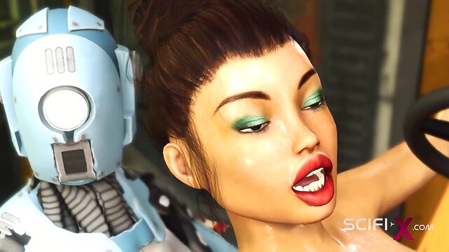 Sci-fi lab encounter: robot shemale seduces busty brunette for passionate encounter