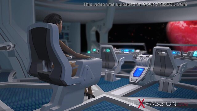 Passionate intergalactic encounter: sci-fi android and blonde teen on space station