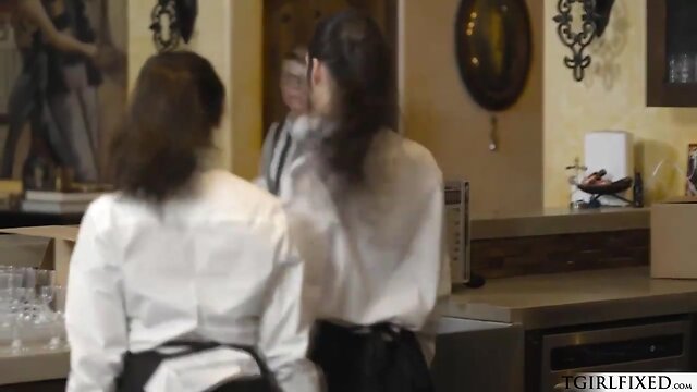 Big-breasted transgender and teen have steamy encounter at the counter