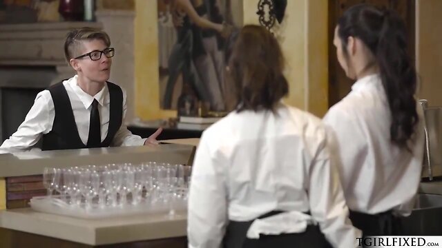 Big-breasted transgender and teen have steamy encounter at the counter