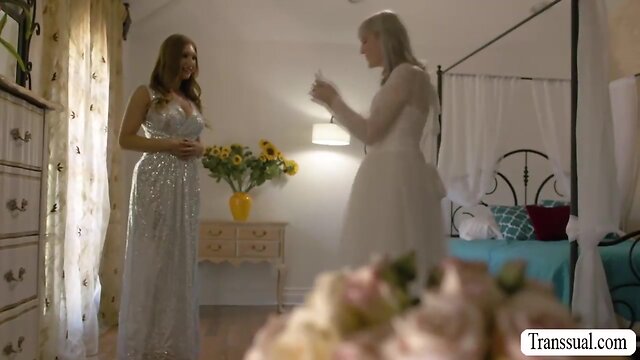 Transgender bride and busty maid in steamy encounter