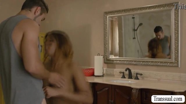 Perverted man barebacks ebony tgirl