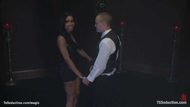 Interracial shemale fucks bartender in anal action