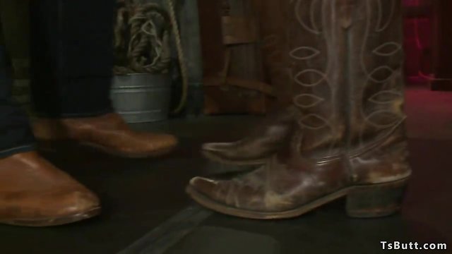 Blonde ts fucks cowboy anally