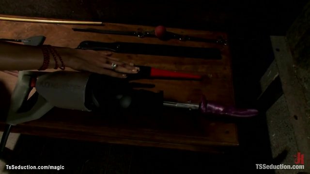 Bound man gets anal fucked by blonde ebony ts