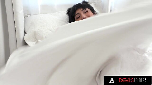 Trans babysitter pixi lust takes a pounding in her tight ass from devils tgirls