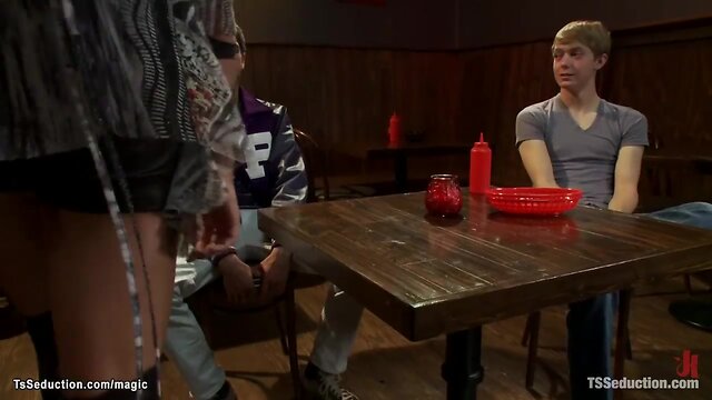 Shemale has intense encounter with athletic male athletes