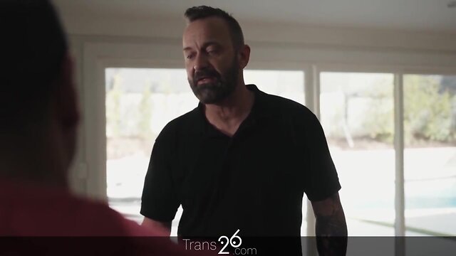 A transgender woman has sex with the plumber while her boyfriend is nearby