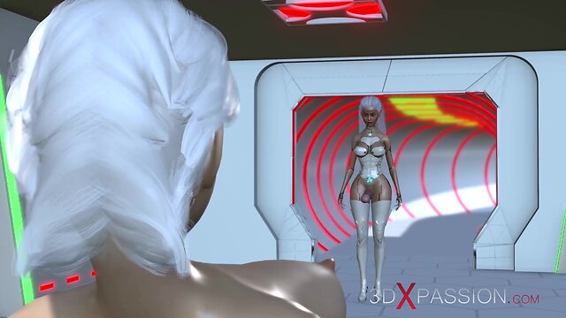 Intergalactic fun: android shemale and young blonde on the space station