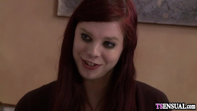 Depraved guy pounds redhead shemale teen with massive cock