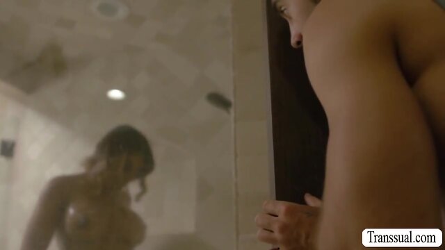 Horny guy anally pleases ebony ts in locker room