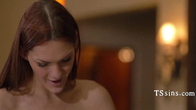 Sizzling shemale and lustful milf with massive breasts indulge in delicious dessert