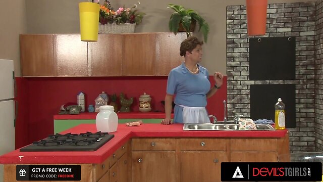 Blonde transsexual gets her ass pounded in multiple positions until she cums on herself