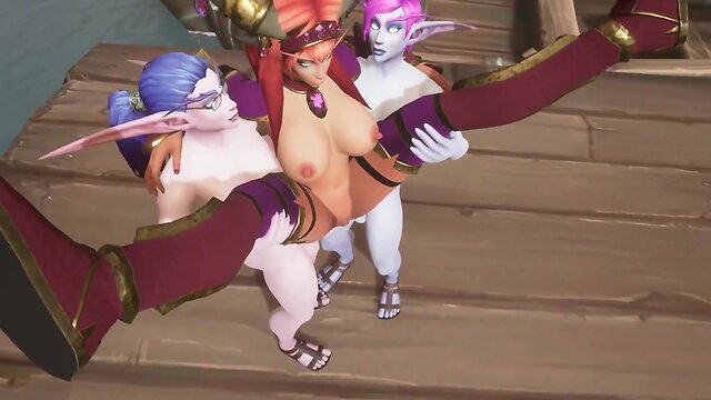 Futanari elves join forces to pleasure a redheaded elf in warcraft hentai parody