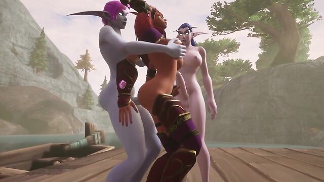 Futanari elves join forces to pleasure a redheaded elf in warcraft hentai parody
