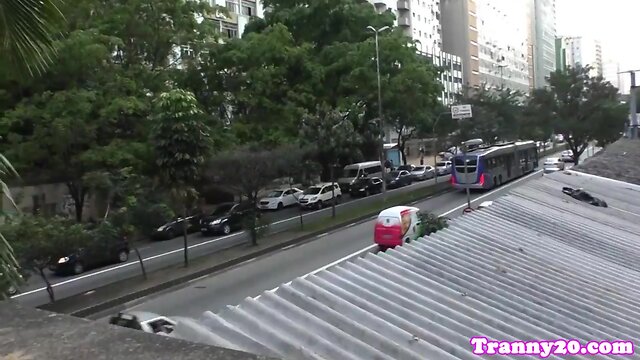 Tattooed trans woman strokes until cumming on big tits