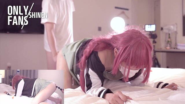 Japanese crossdresser bocchi rocks cosplay and gets intimate in anime themed outfit