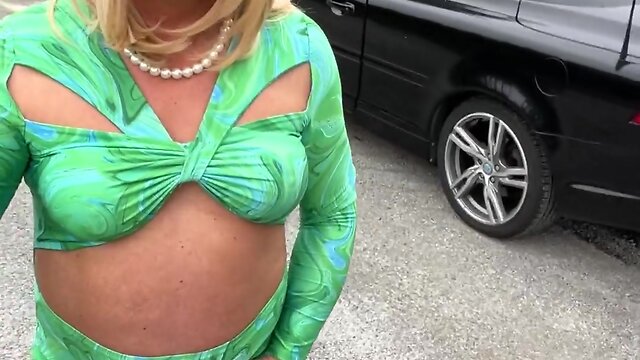 Sexy crossdresser kellycd2022 struts down the lane in white pantyhose and heels