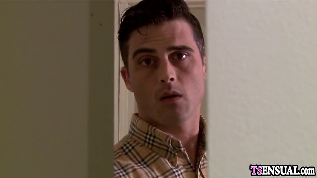 Latina shemale dominates spying man with hard anal pounding