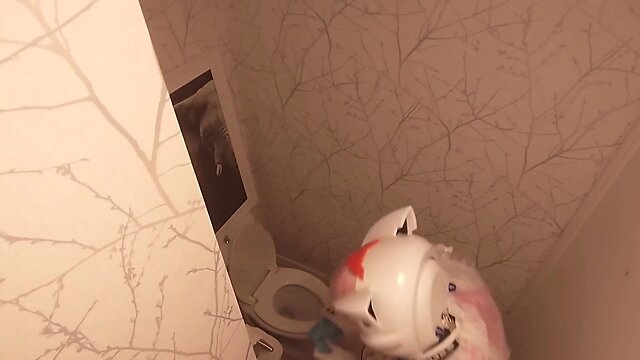 Chibi moon: cleaning the bathroom in her maid outfit with a clear pvc helmet