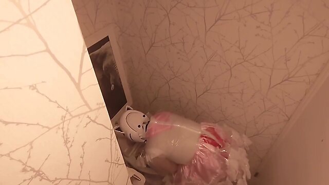 Chibi moon: cleaning the bathroom in her maid outfit with a clear pvc helmet