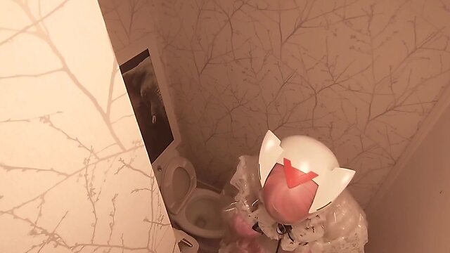 Chibi moon: cleaning the bathroom in her maid outfit with a clear pvc helmet