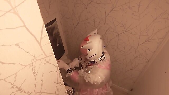 Chibi moon: cleaning the bathroom in her maid outfit with a clear pvc helmet