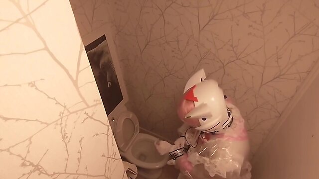 Chibi moon: cleaning the bathroom in her maid outfit with a clear pvc helmet