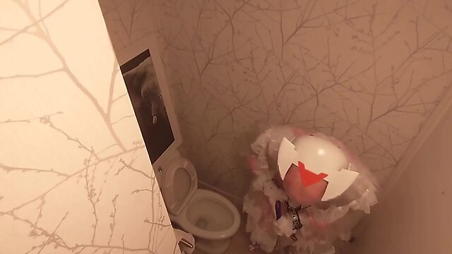 Chibi moon: cleaning the bathroom in her maid outfit with a clear pvc helmet