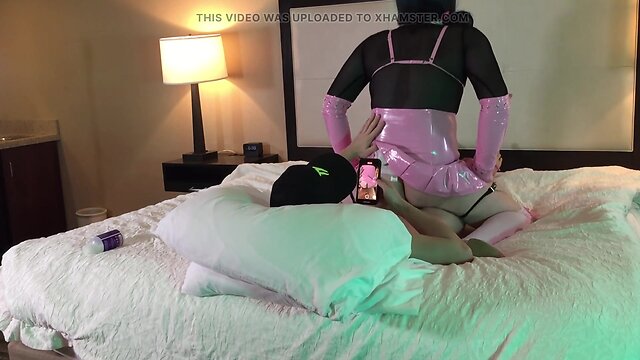 Reverse cowgirl penetration: chastity-clad trans woman on fire