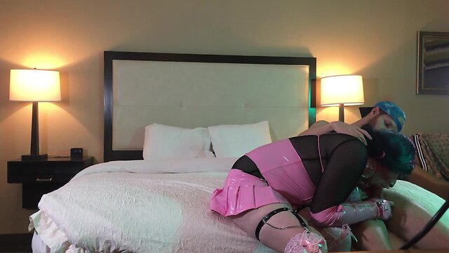 Transgender woman in chastity performs oral sex